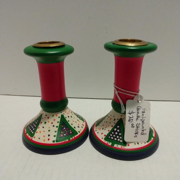 Wooden Christmas tree candle sticks (2). Hand painted. - Picture 1 of 2